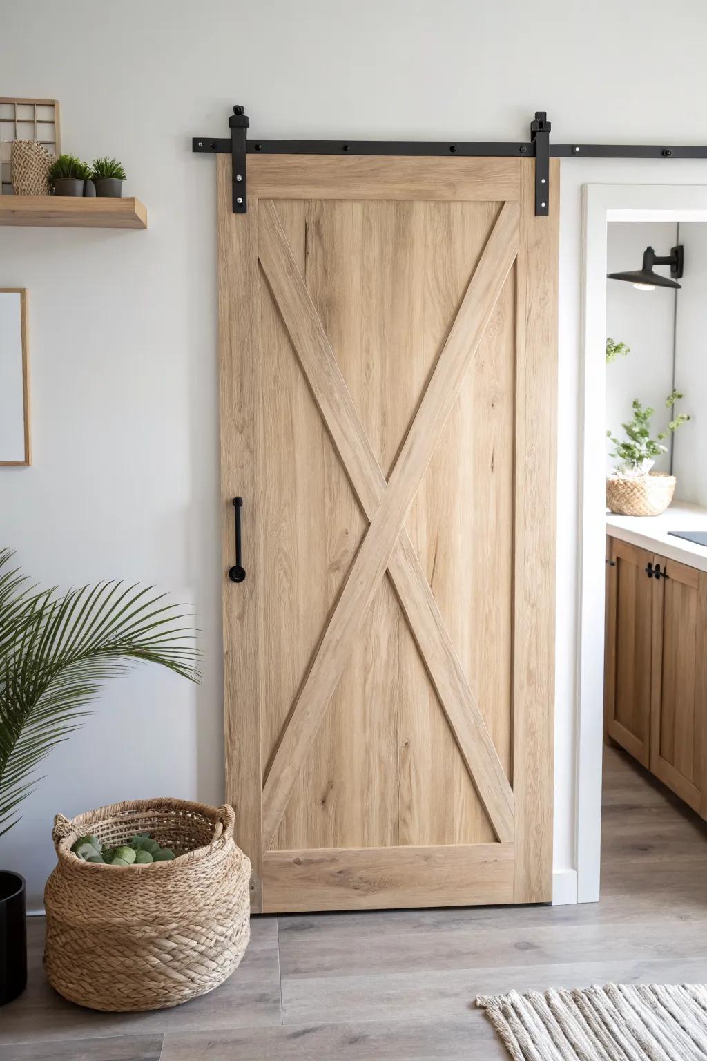 X‑brace farmhouse barn door = instant pantry character for small kitchens, without changing cabinets.