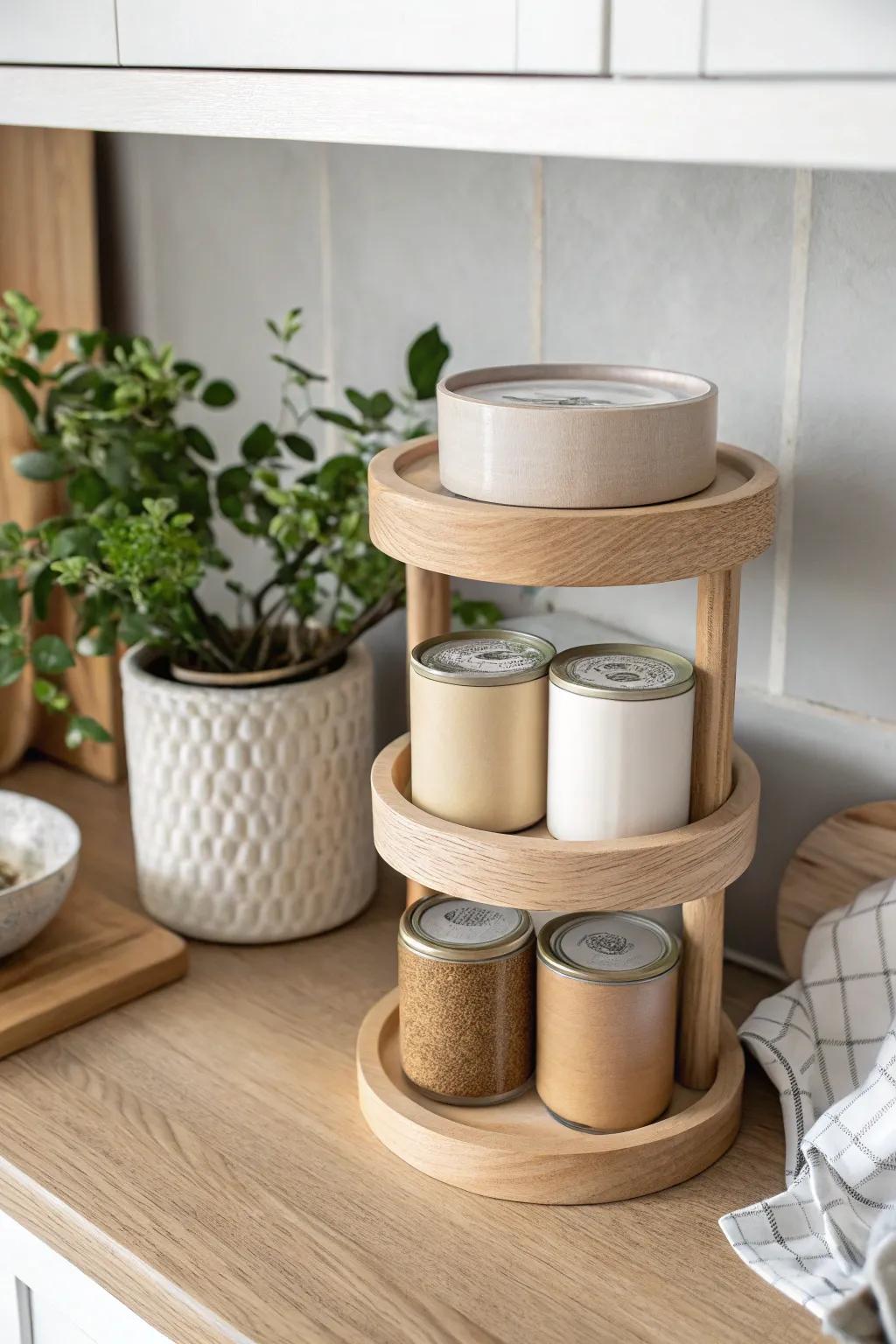 A tiered can riser turns the back row into easy, beautiful pantry decor at a glance.