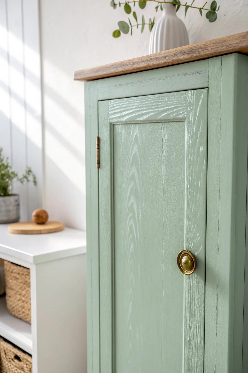 Soft sage green and brass make a tiny pantry feel calm, coordinated, and timeless.