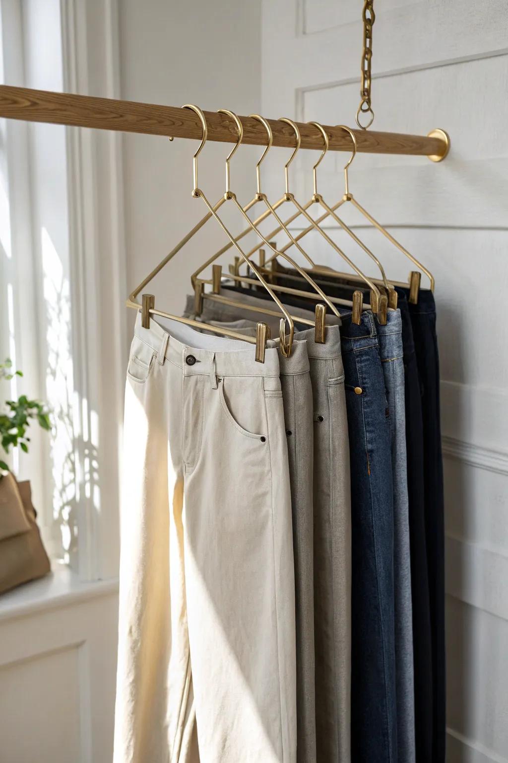 Maximize one closet rod with a brass cascading hanger chain—jeans low, linens high.