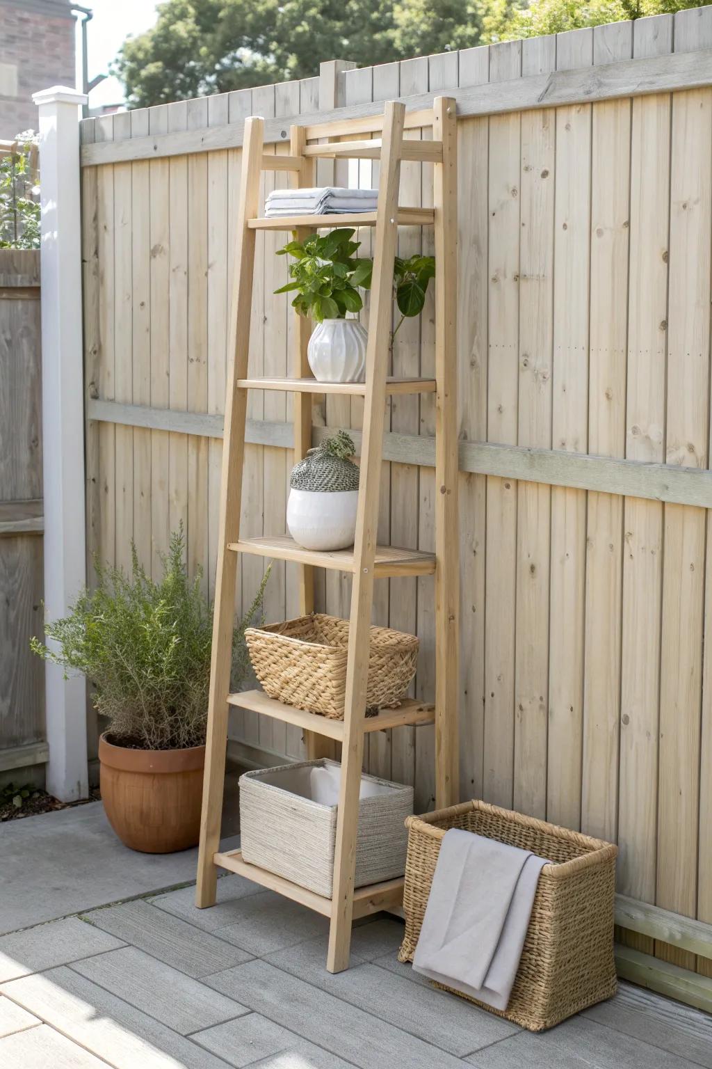 Vertical shelving turns a tiny patio into airy storage—plants up top, baskets neatly below.