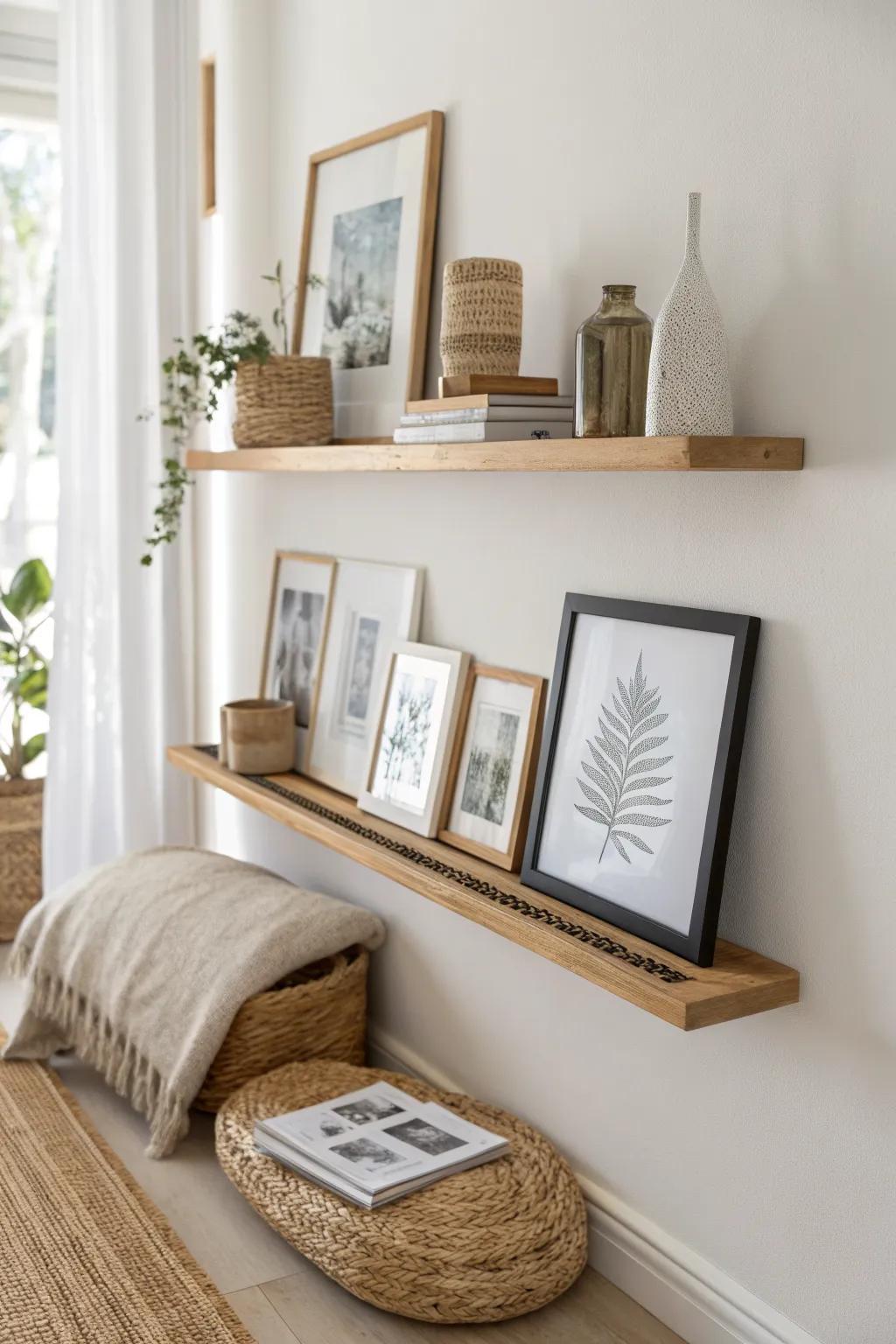 Layer frames on a slim ledge shelf for renter‑friendly swaps—no new holes, always fresh.