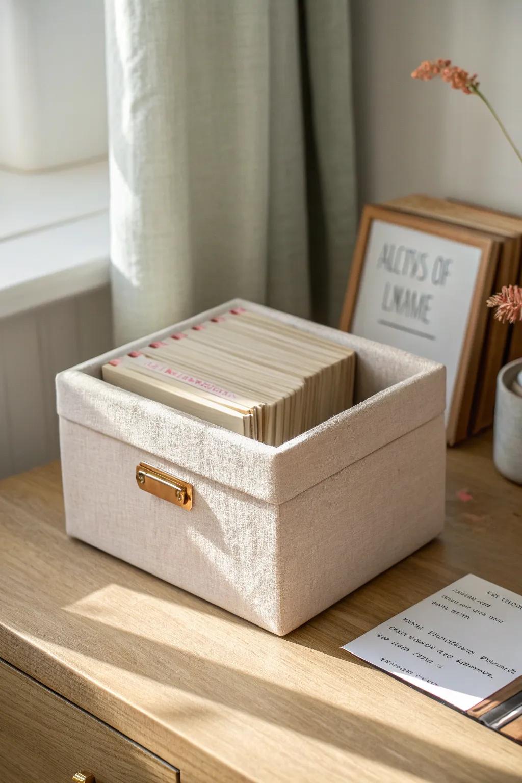 Swap bulky albums for one pretty linen box—photos stay in order and your shelves feel lighter.