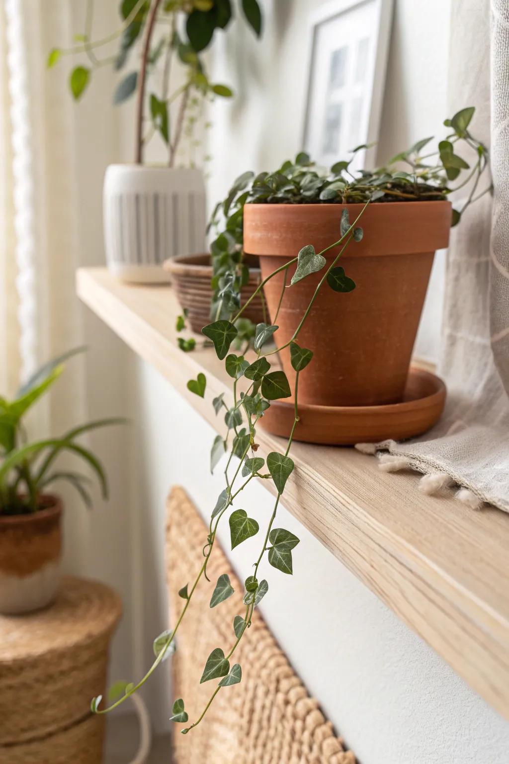 One tiny trailing plant softens a picture ledge and keeps the look airy, not jungle.