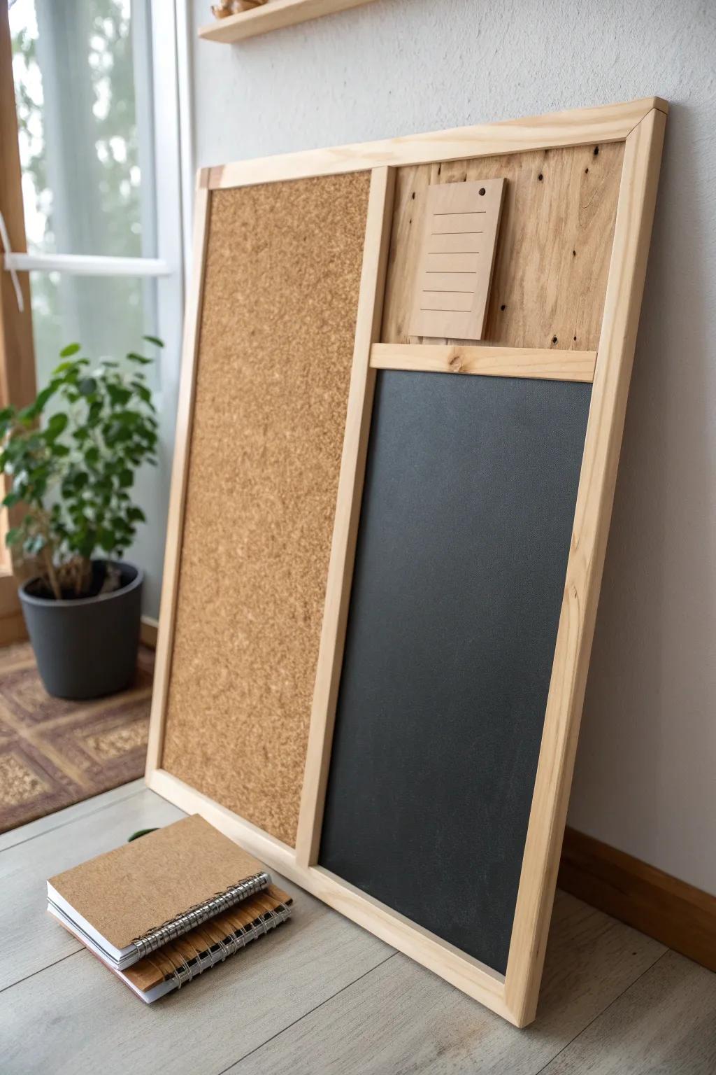 Elevate your organization game with this chic, multifunctional cork and chalkboard combo—where simplicity meets style!
