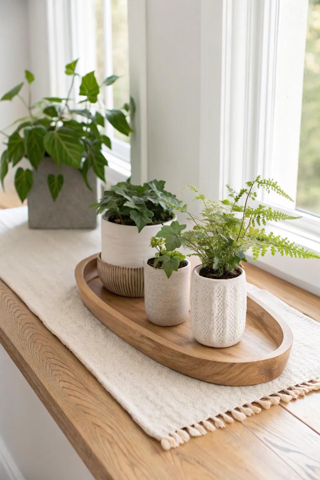A tiny oak tray + two plants turns even the tightest entryway into a fresh first impression.