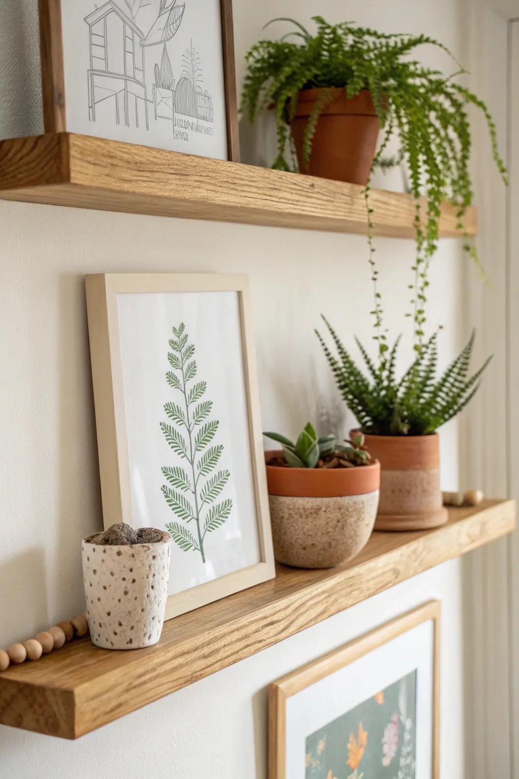 A slim picture ledge + tiny pots makes an intentional plant wall moment—perfect for small spaces.
