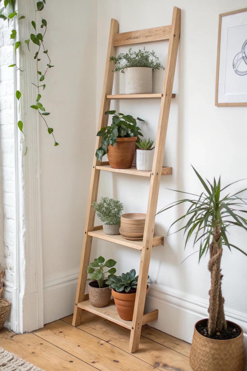 Ladder-style plant shelf: a vertical, space-saving way to layer greenery and lift ceilings.