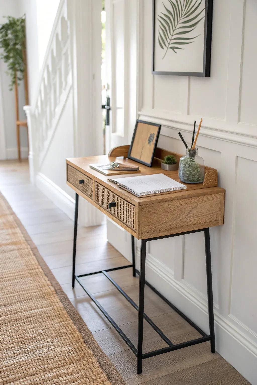 A slim wall-mounted micro desk turns a hallway landing into a calm pocket office.