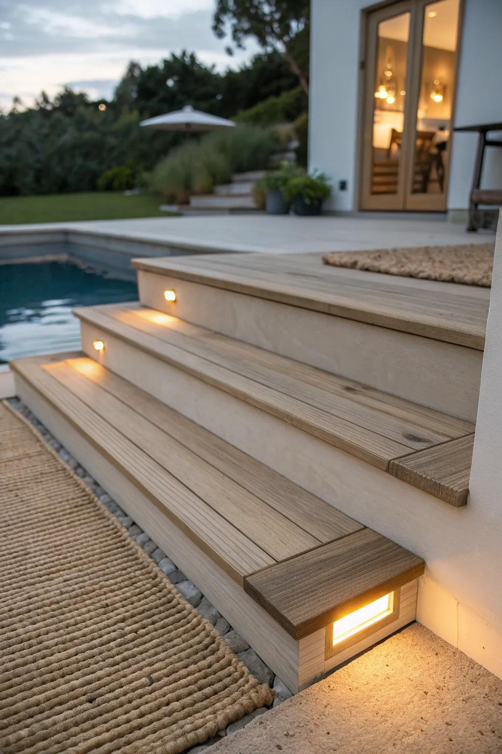 A subtle downward step light that softly guides your feet—safe stairs, zero glare.