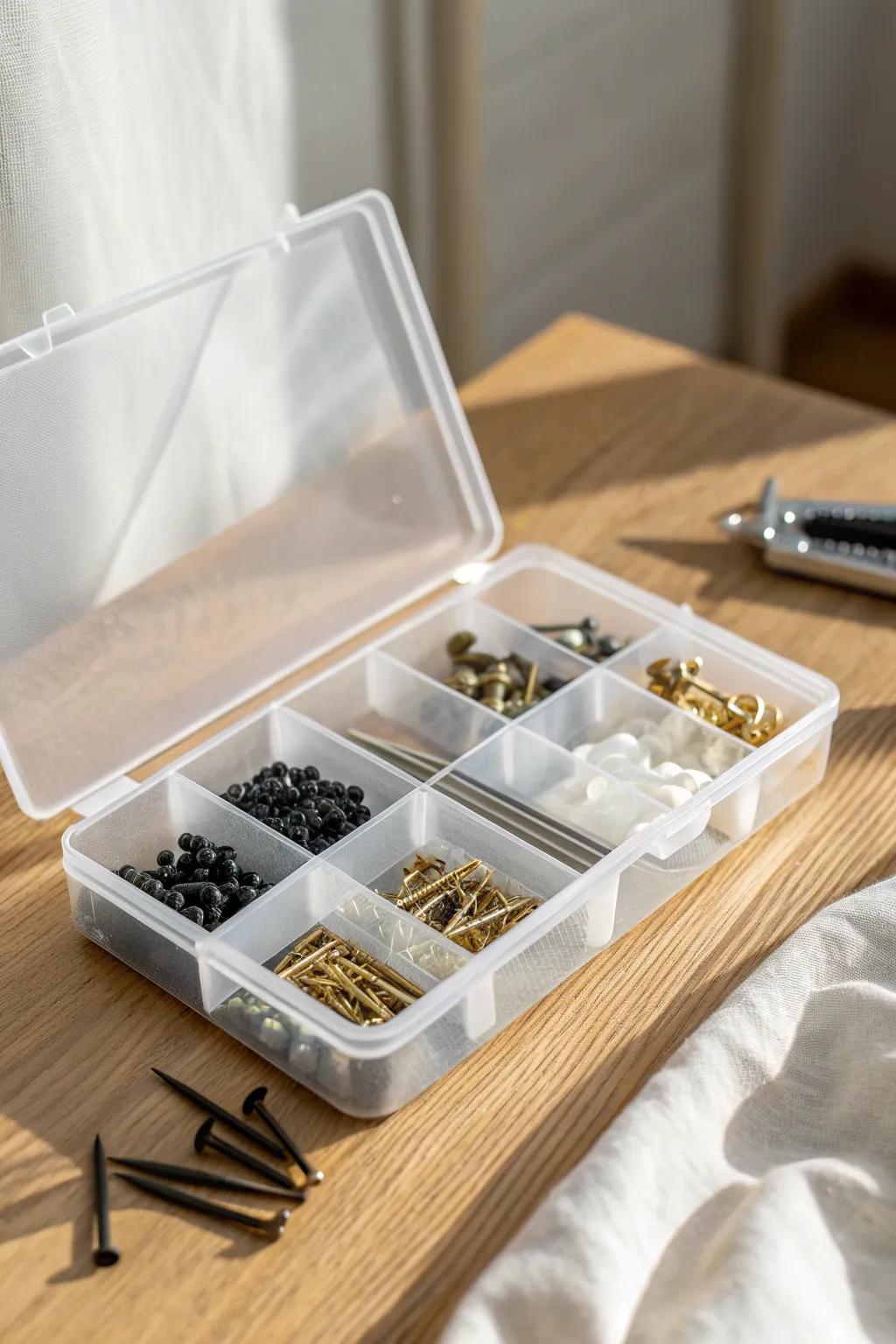 Clear mini boxes keep nails & bits visible—no more surprise screw spills on white rugs.