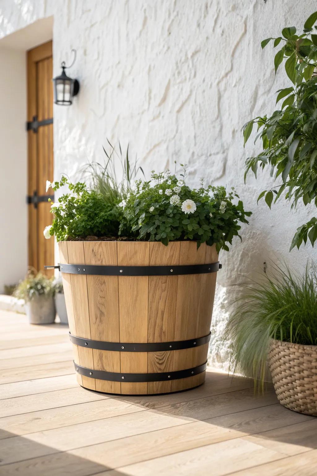 One oversized half‑barrel pot makes a potted garden feel lush, grounded, and low‑maintenance.
