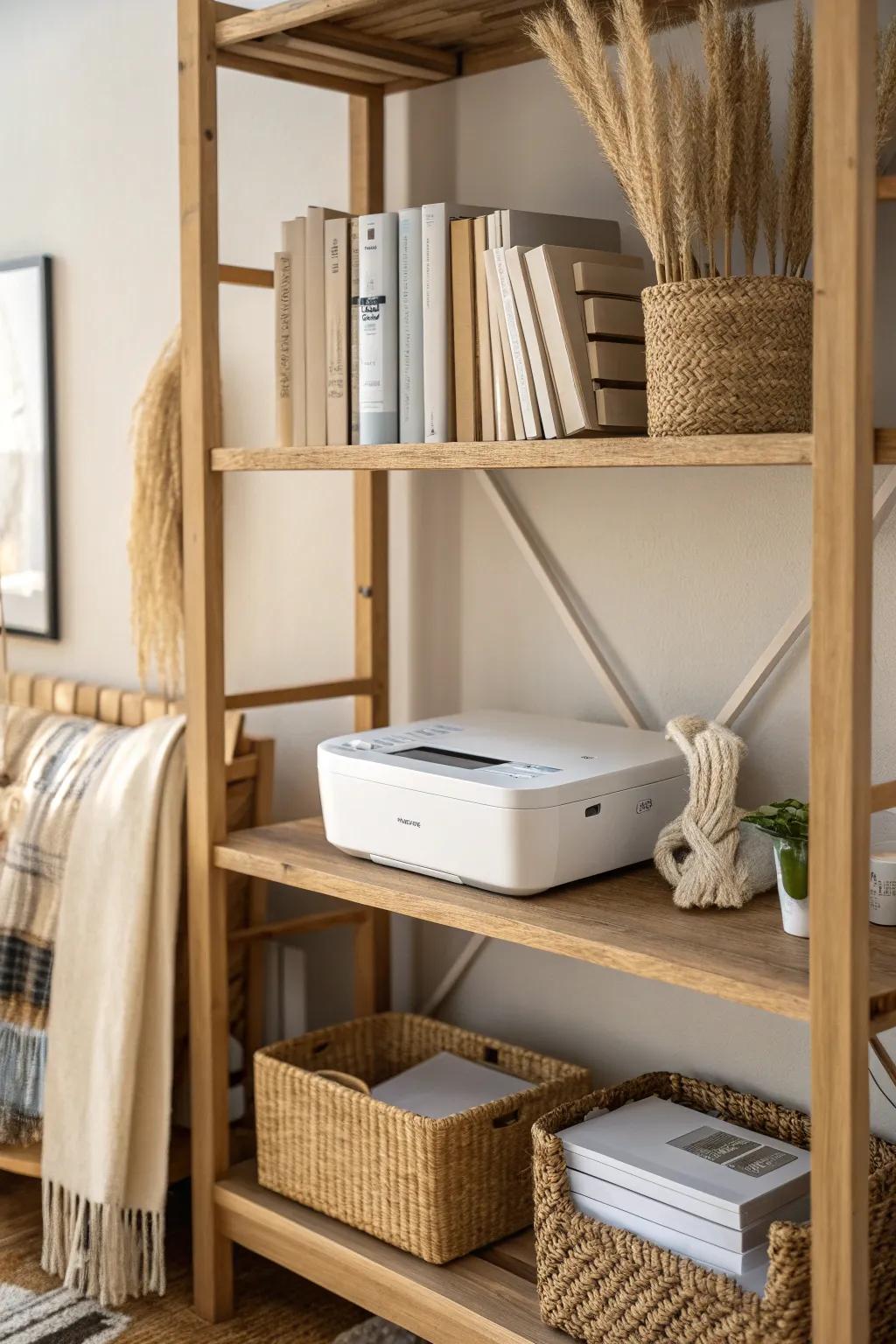 A printer that disappears into your bookshelf—styled with books and a woven basket.