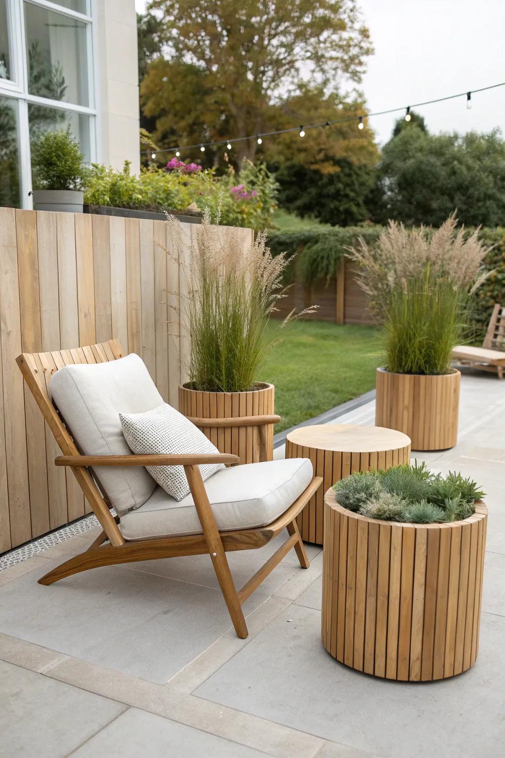 A U-shape of privacy planters creates a cozy nook—open entry, airy feel, small-space perfect.