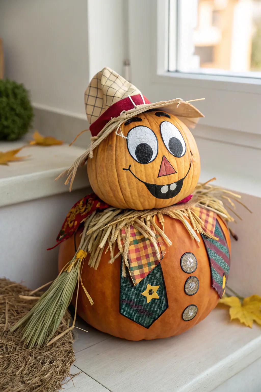 Add a splash of whimsy to your autumn decor with this playful pumpkin scarecrow!