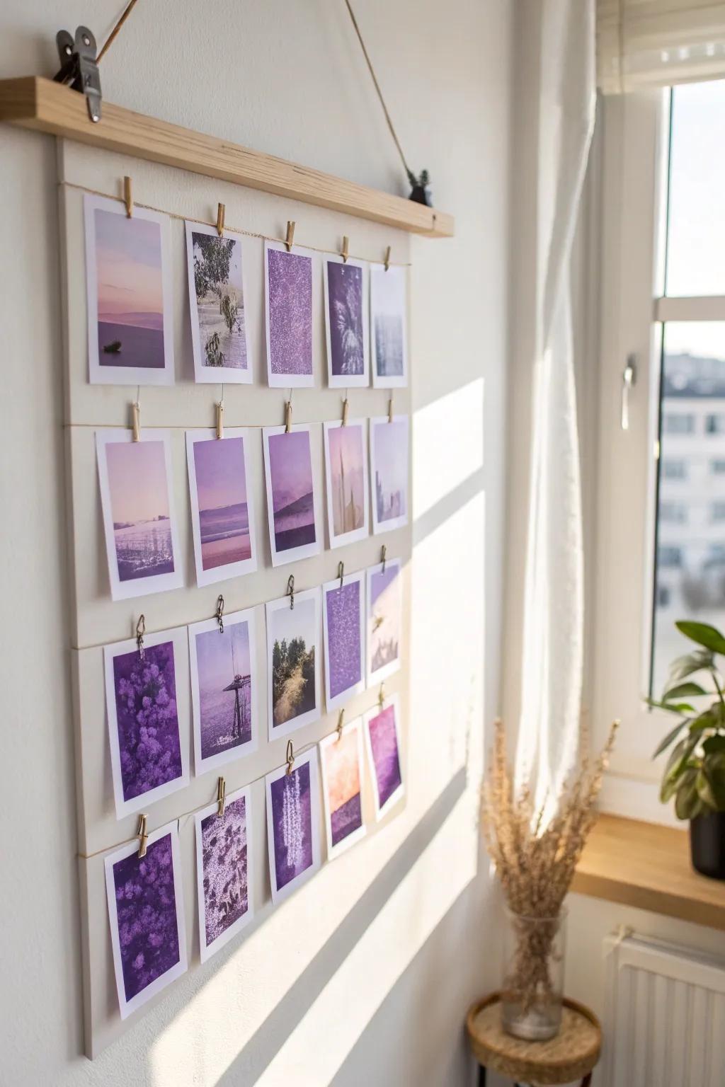 A polished purple photo collage wall—consistent violet tones for an effortless dorm gallery look.