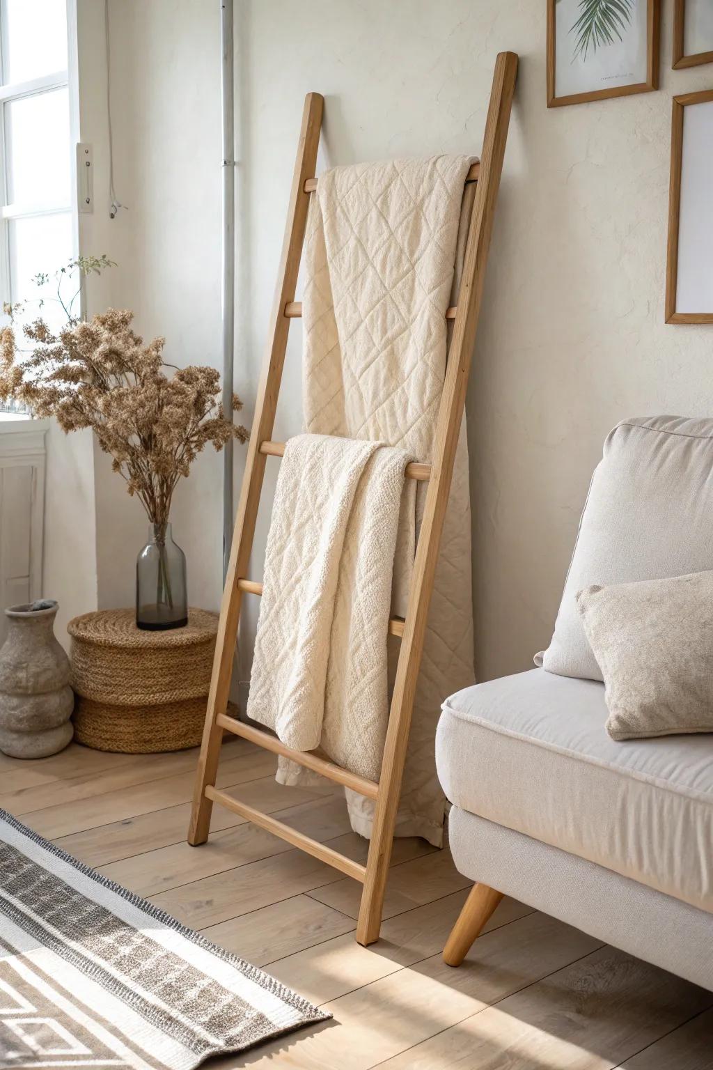 Slide a slim quilt rack behind the sofa for layered texture without adding visual bulk.