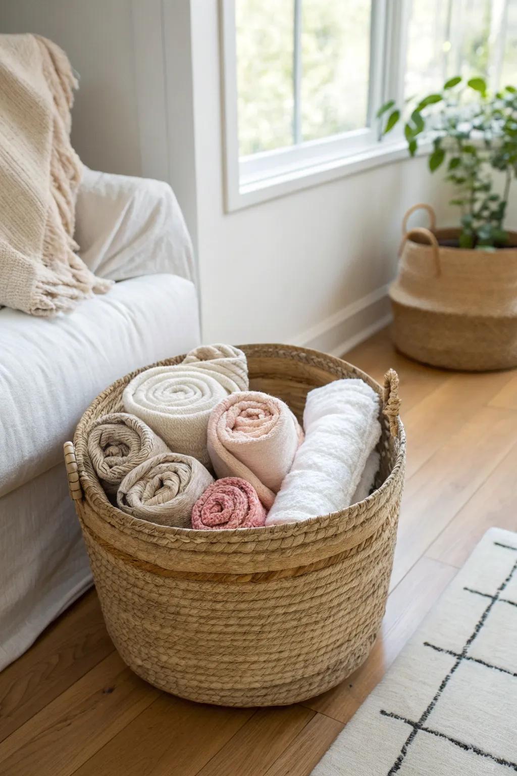 A deep woven basket keeps rolled quilts tidy by the sofa—cozy, intentional, and small-space ready.