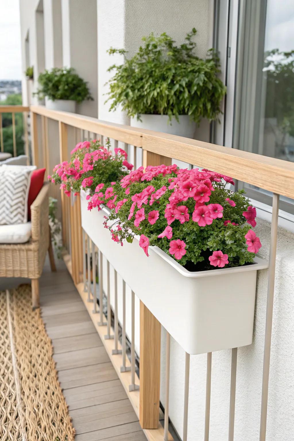 A single bold-color railing planter creates an intentional, designer moment on a small balcony.