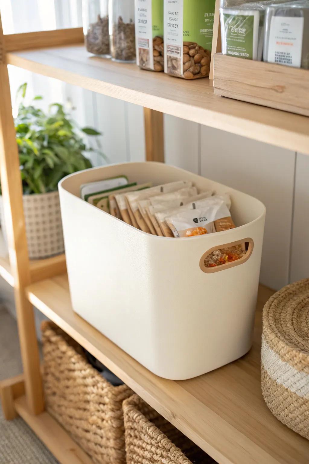 Matching handled bins make a reach-in pantry feel like drawers—grab, go, stay tidy.
