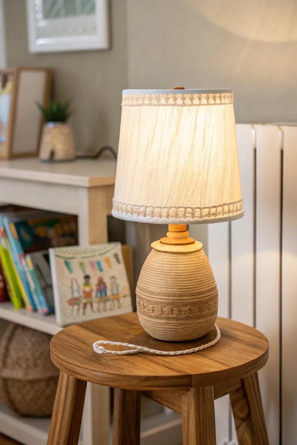 A warm little lamp transforms a small classroom reading nook into a cozy, linger-longer space.