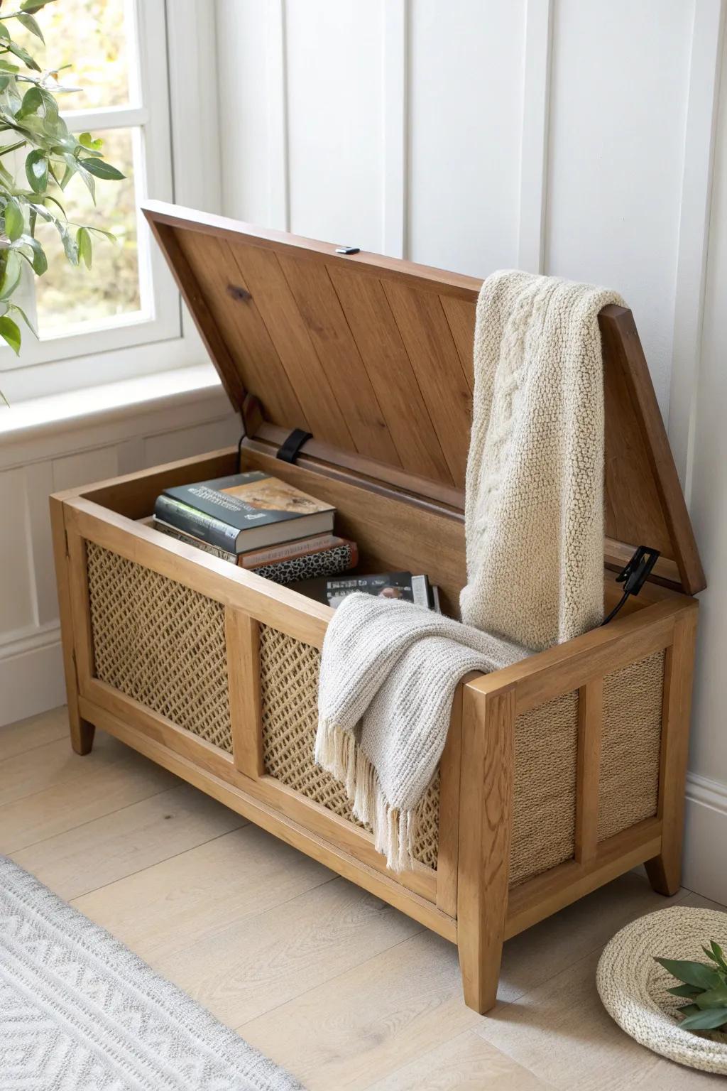 A sleek storage bench keeps your reading nook calm—stash books and throws out of sight.