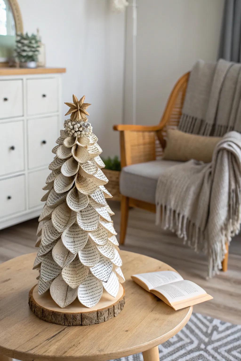 Transform your holiday decor with a touch of literary elegance: a DIY pinecone tree crafted from vintage book pages.