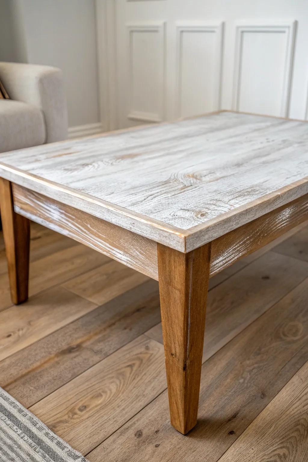 Whitewashed coffee table refresh—coastal brightness that opens up even the tiniest room.