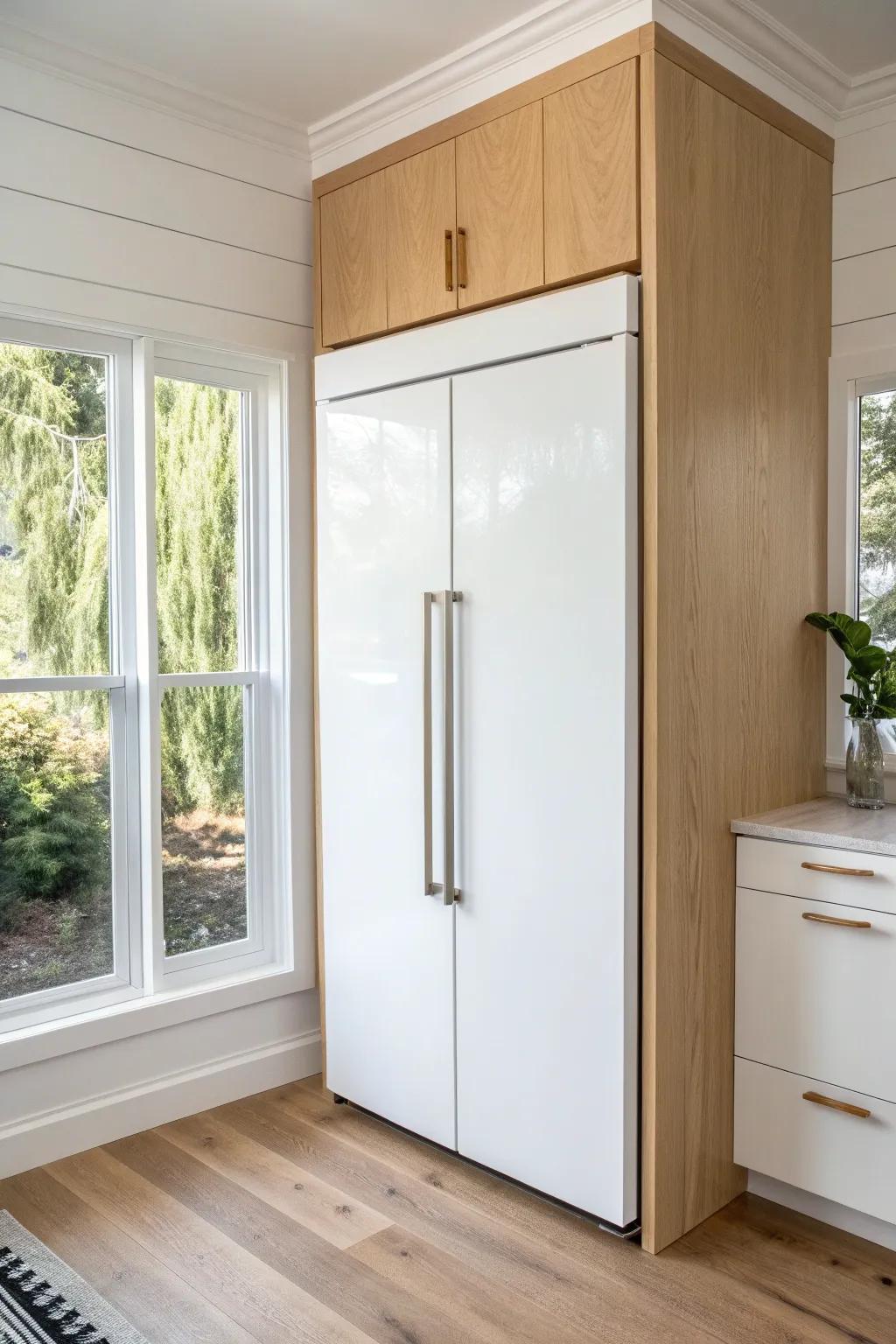 A sleek above-fridge cabinet and matching side panel make any fridge look built-in.