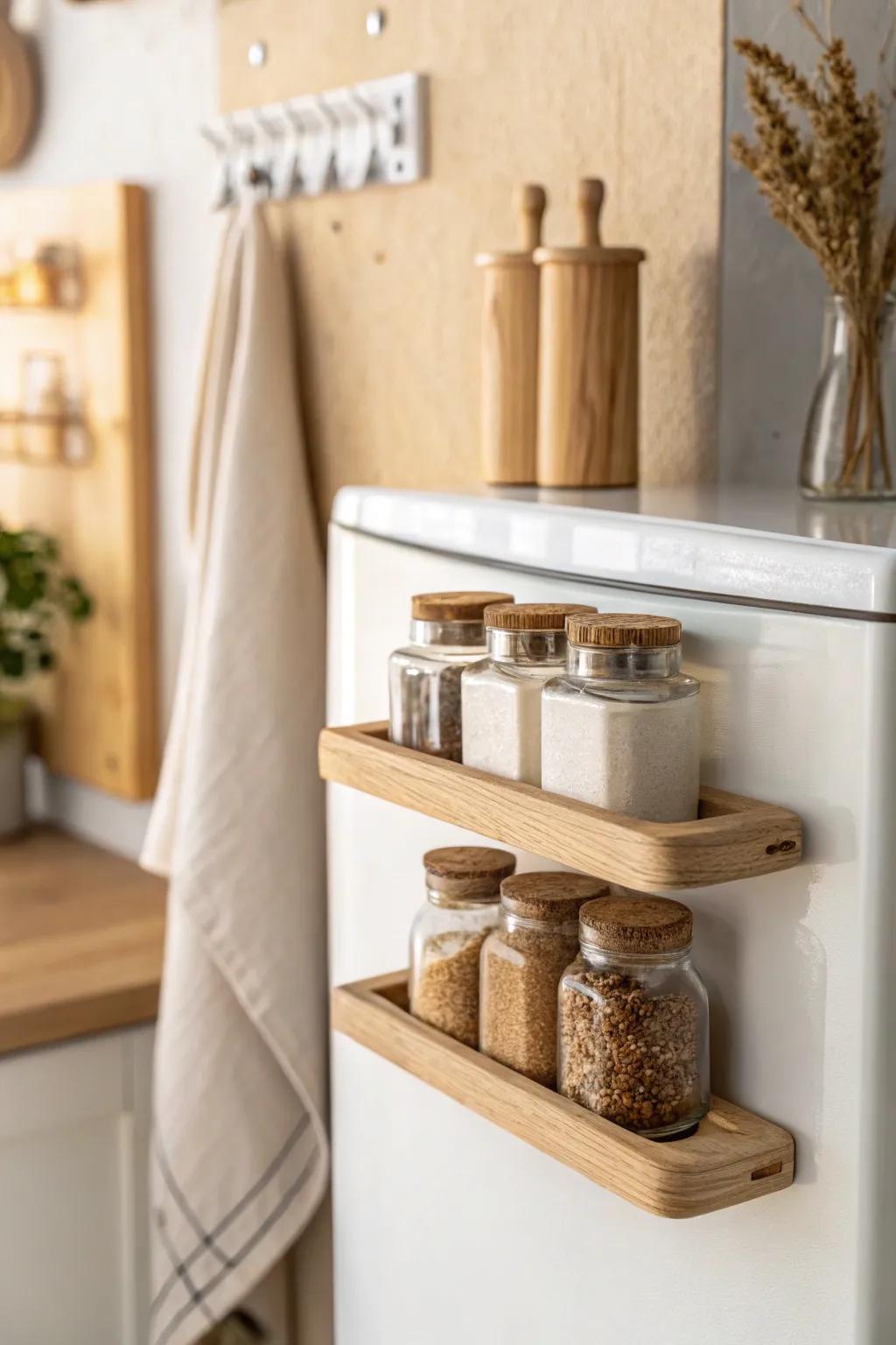 Use the fridge side for shallow spice shelves—beautiful storage that saves precious walkway space.