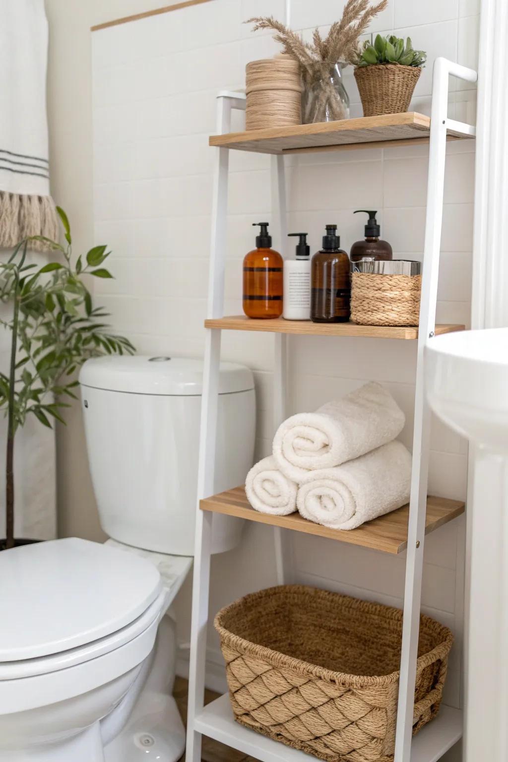 Go vertical: over-the-toilet shelves add storage for towels and toiletries without crowding floors.
