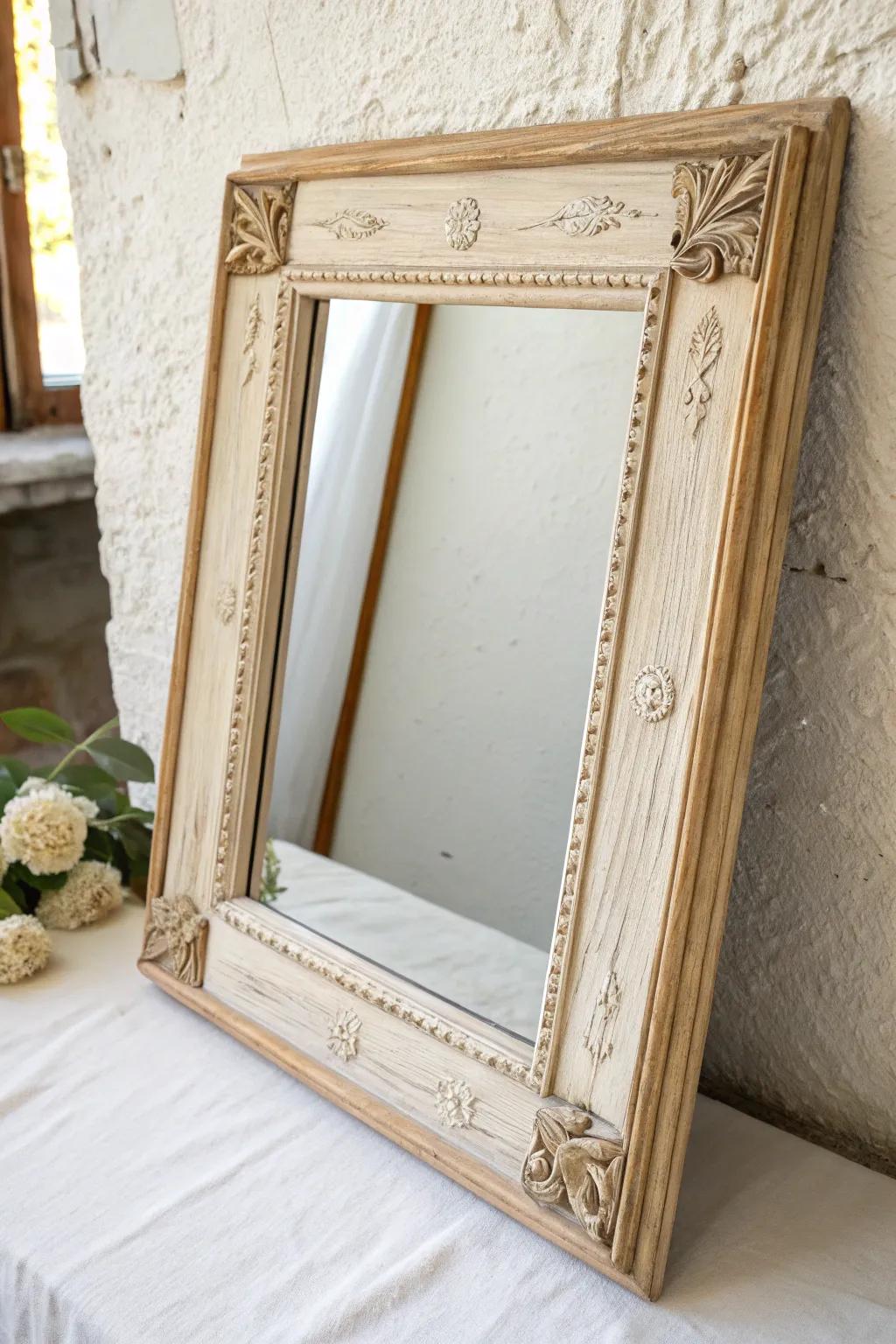 Softly sanded edges give this repurposed dresser mirror a chic, lived-in charm.