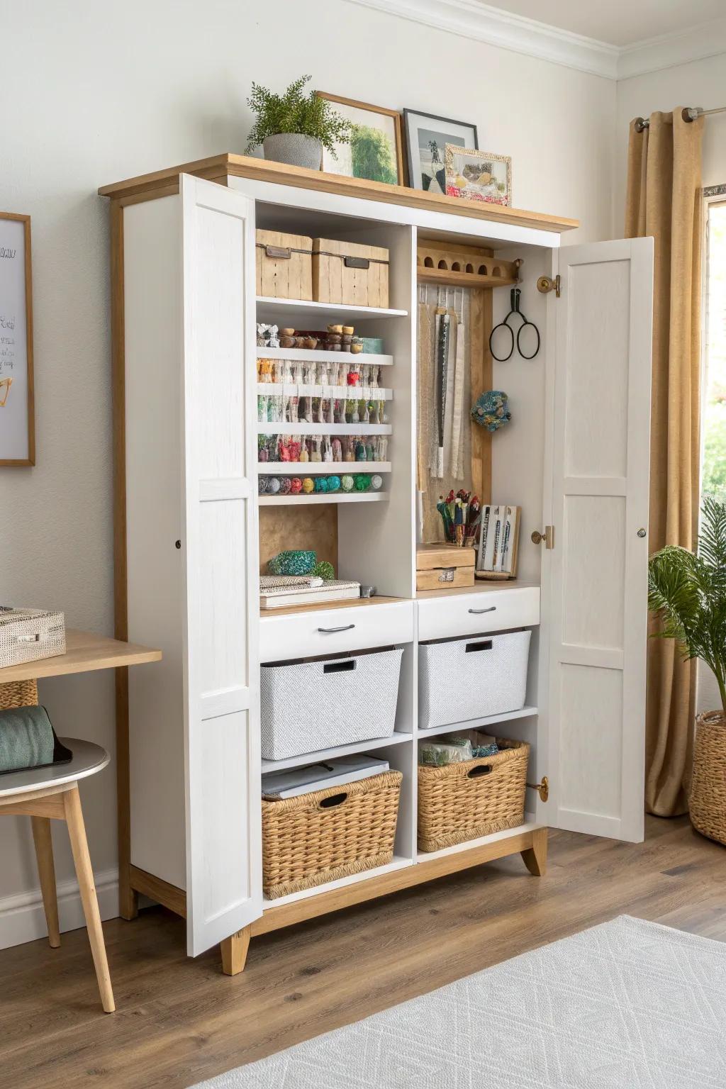 Entertainment center makeover: a chic craft & sewing command station with bins, hooks, and pull-out desk.