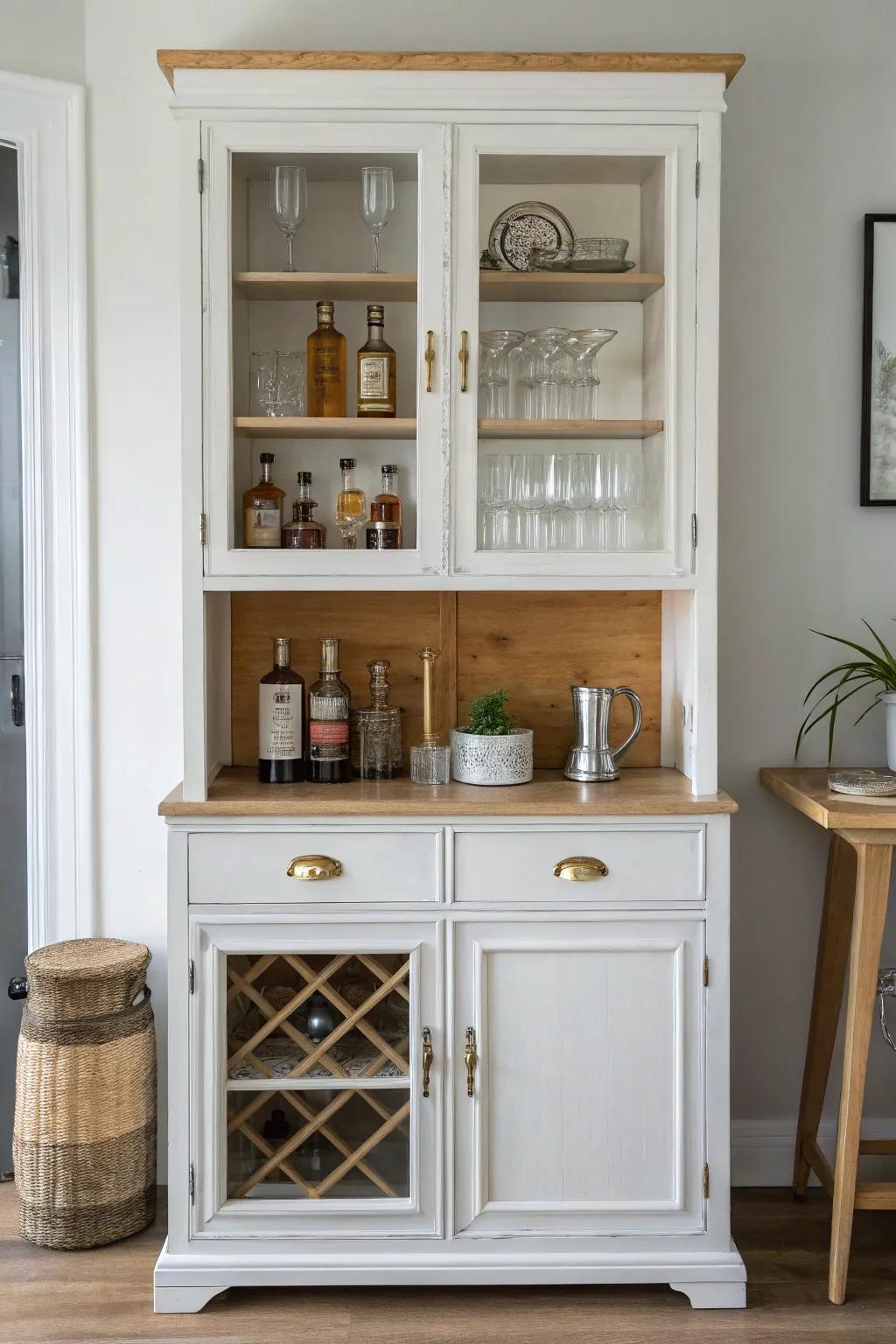 Turn a china cabinet into a chic cocktail station with a dedicated mixer shelf and tray.