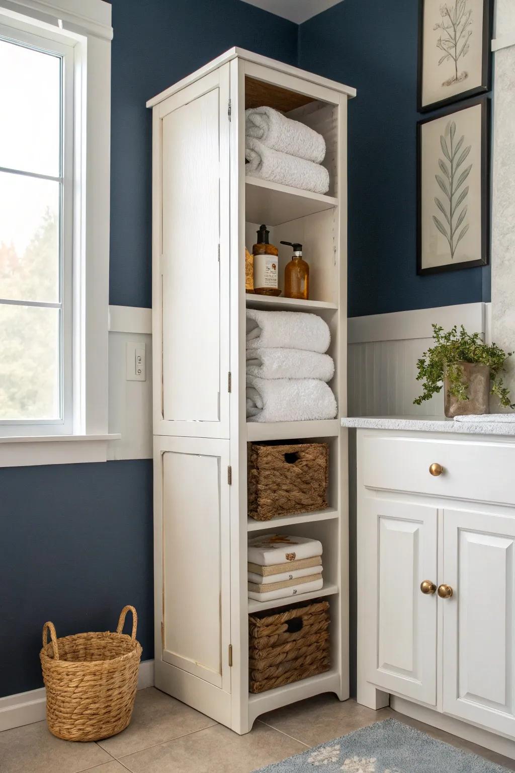 A repurposed cabinet tower turns a tiny laundry nook into chic, hidden storage.