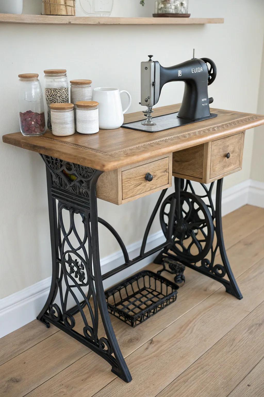 Old sewing machine table turned coffee station—pretty jars on top, hidden basket storage below.