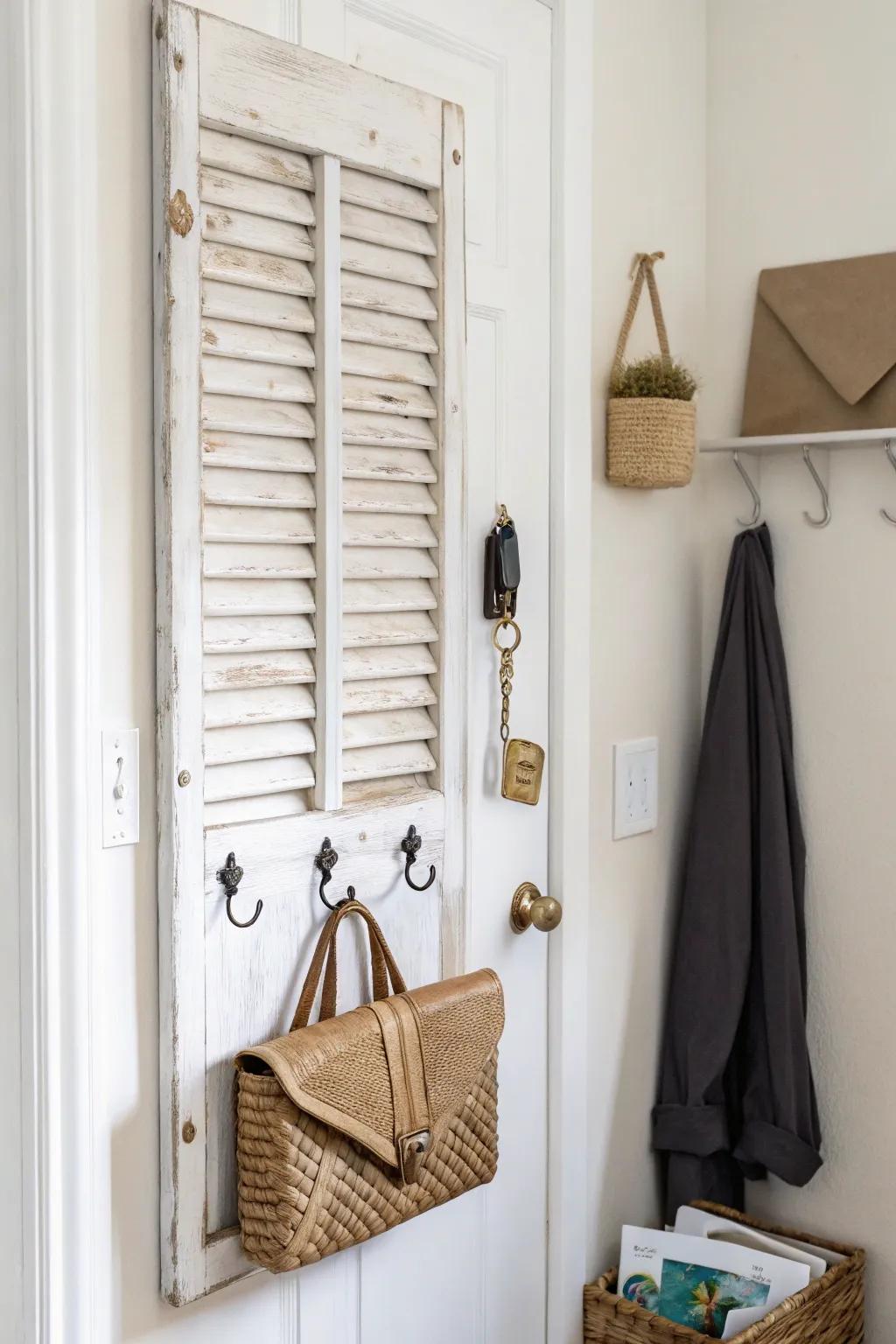 Old shutter, new purpose: a space-saving entryway command center for keys and mail.