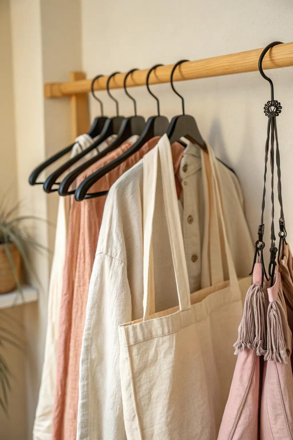 Turn one closet hanger into chic reusable-bag storage—clip, hang, and keep small spaces tidy.