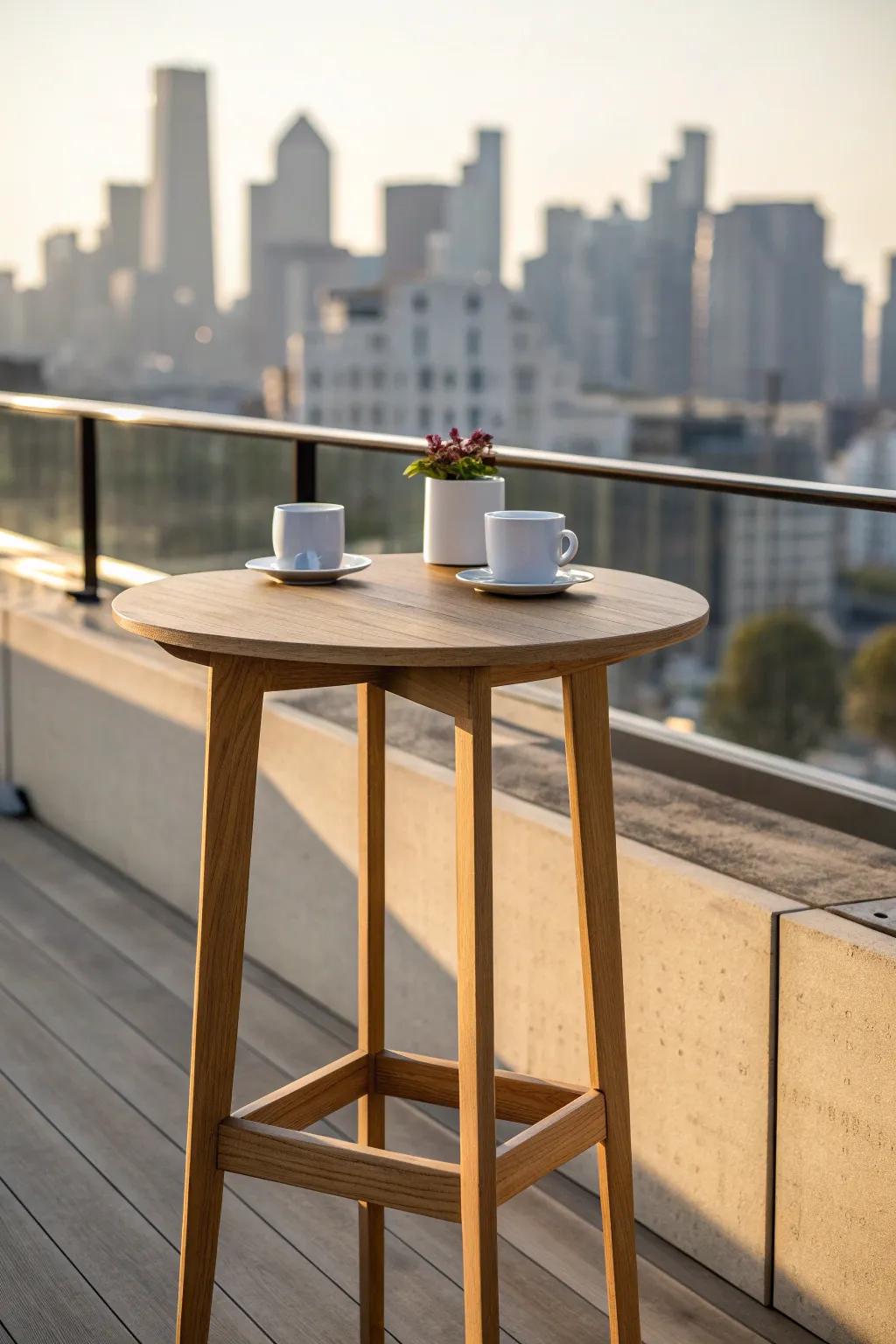 A slim bar-height table that keeps rooftop views open—tiny-space café vibes, big skyline.