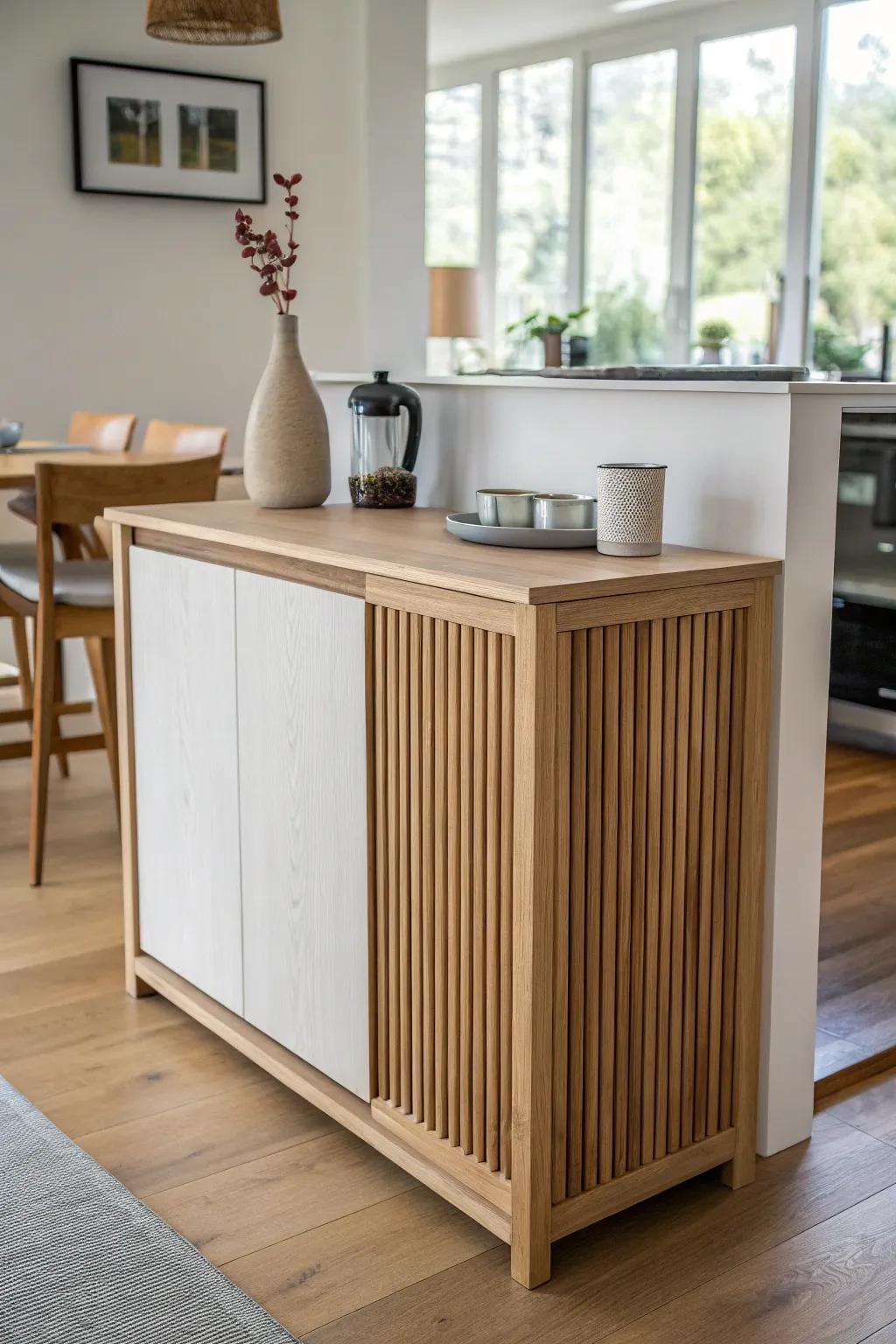 A slim half-wall dry bar divider that makes tiny dining spaces feel curated and host-ready.