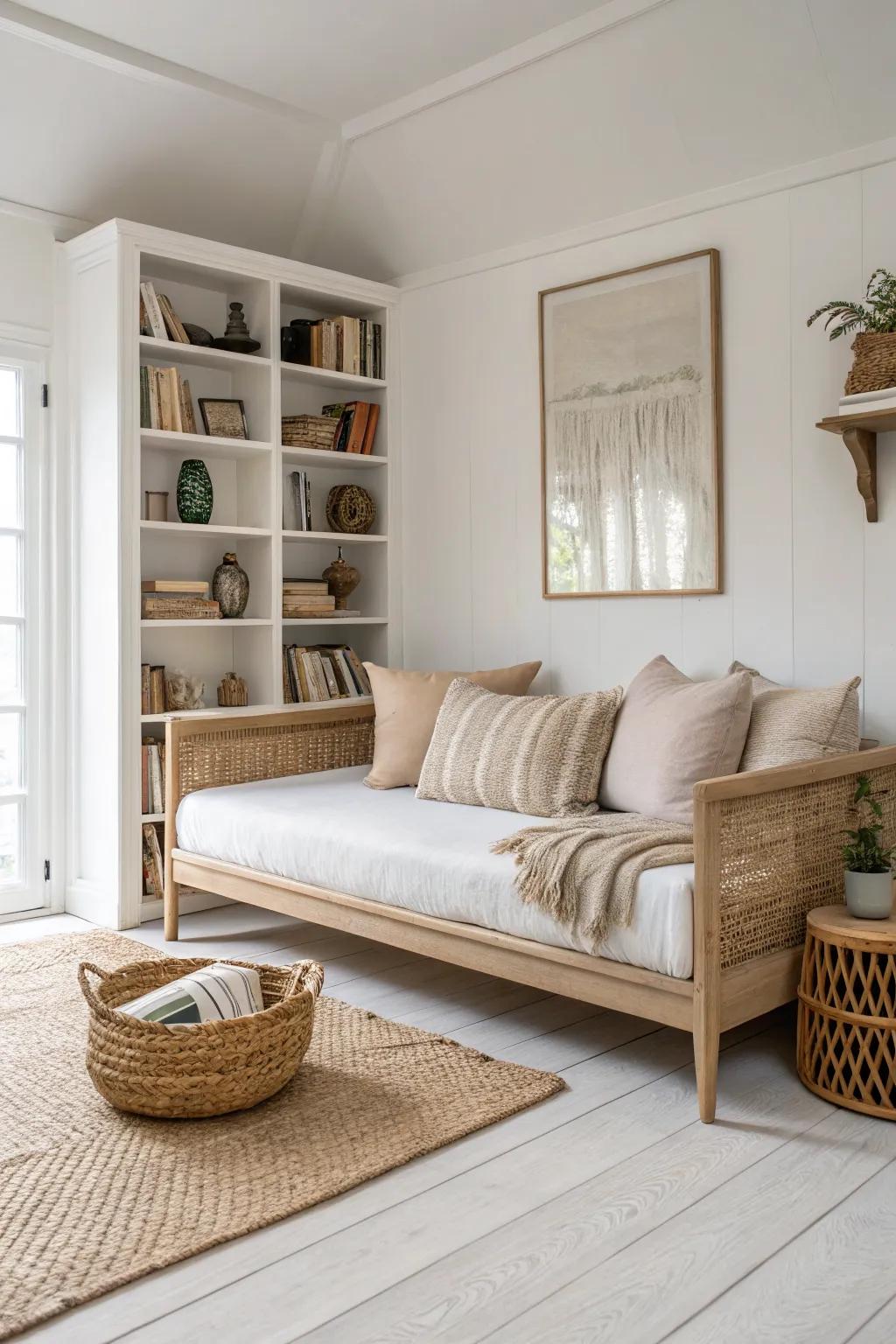 A daybed feature wall framed by bookcases—extra storage, sofa-style comfort, and calm vibes.