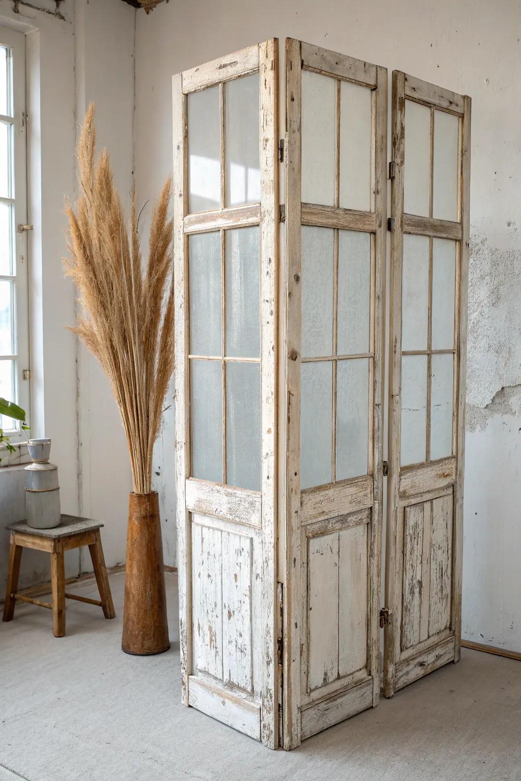 Old window frames make a bright, rustic divider—cozy separation without blocking daylight.