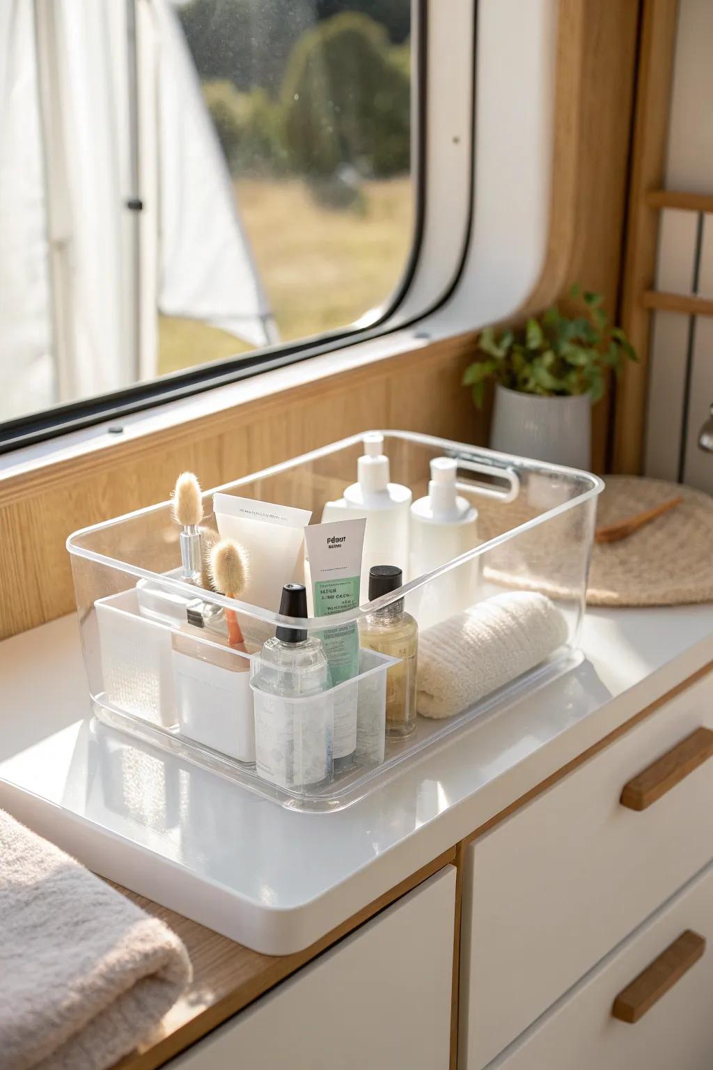 Mini clear bins keep an RV medicine cabinet quiet, tidy, and easy to grab from.