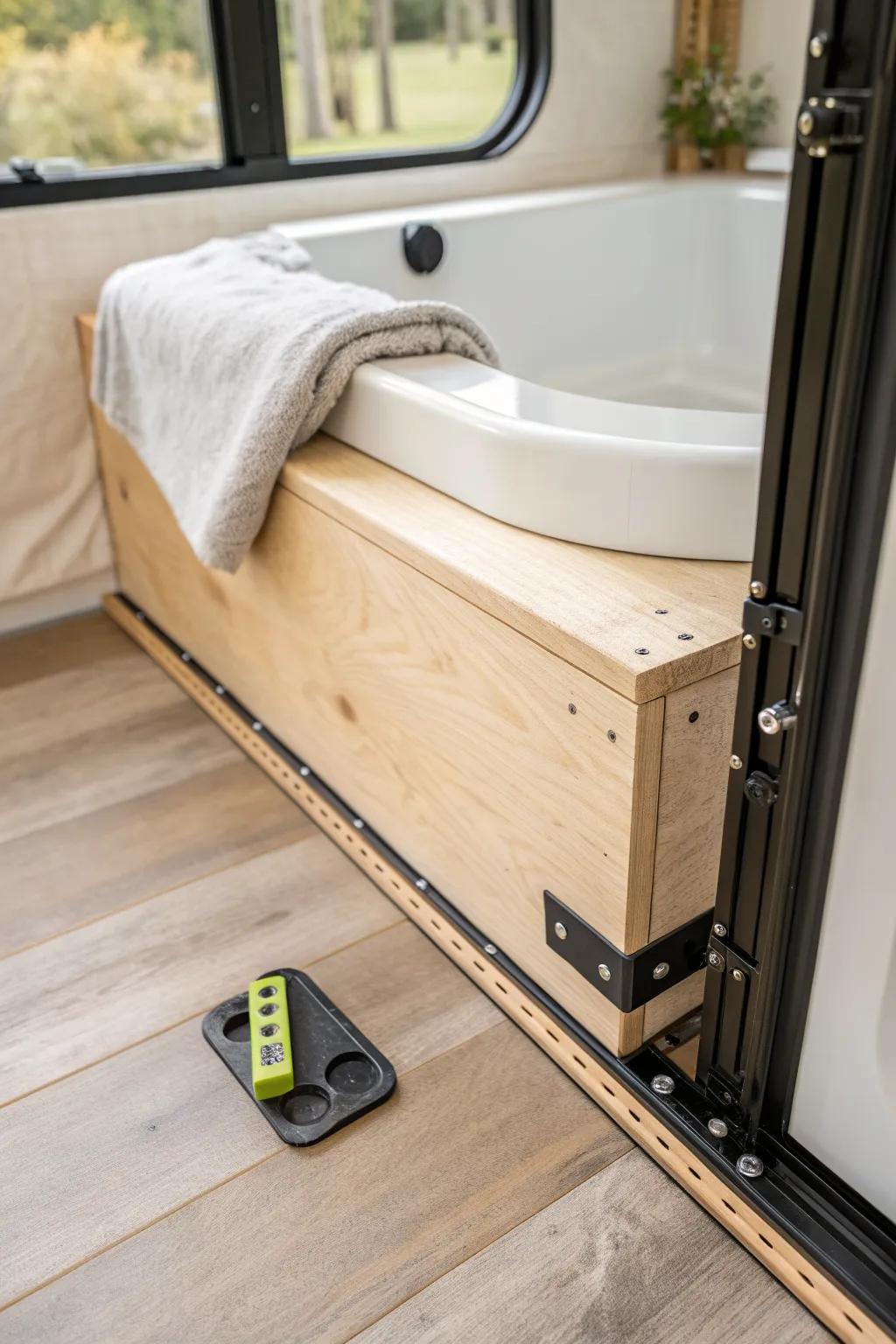 Floor reinforcement first—because a full RV tub is beautiful and seriously heavy.
