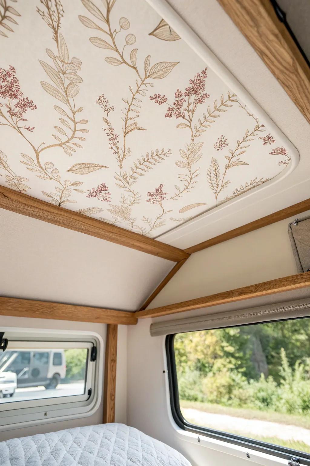 Weekend wow: peel-and-stick wallpaper turns an RV ceiling into a cozy boutique nook.