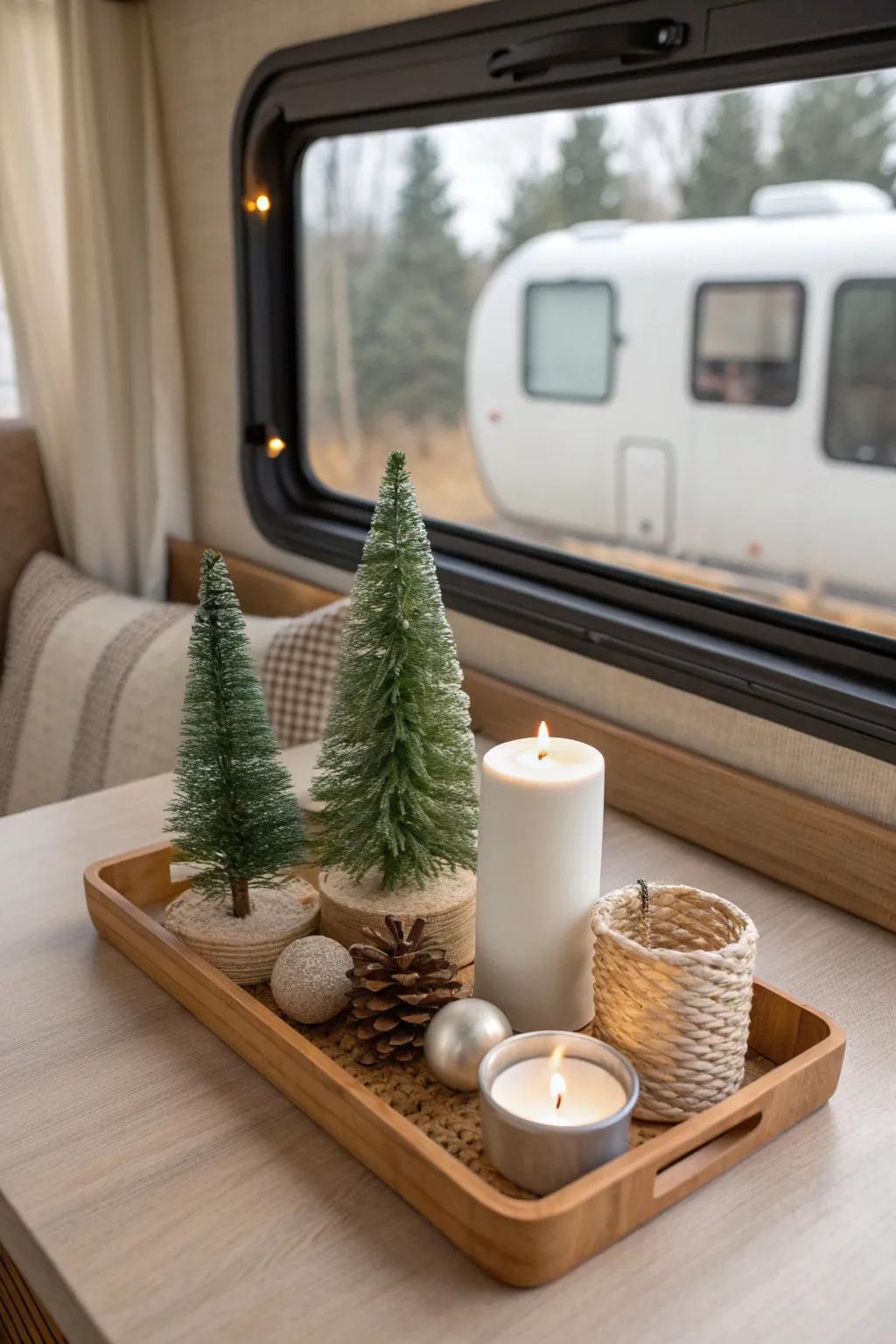 A tiny tray centerpiece keeps your RV dinette festive—mini trees, candle glow, simple ornaments.
