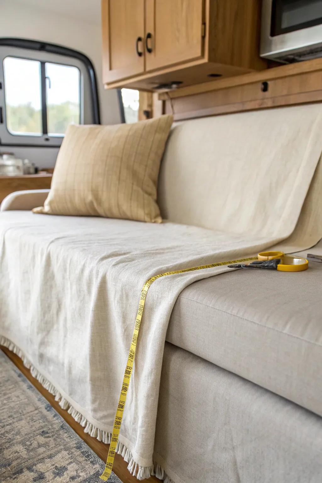 Beginner-friendly slipcover idea: washable linen instantly refreshes your RV couch in minutes.