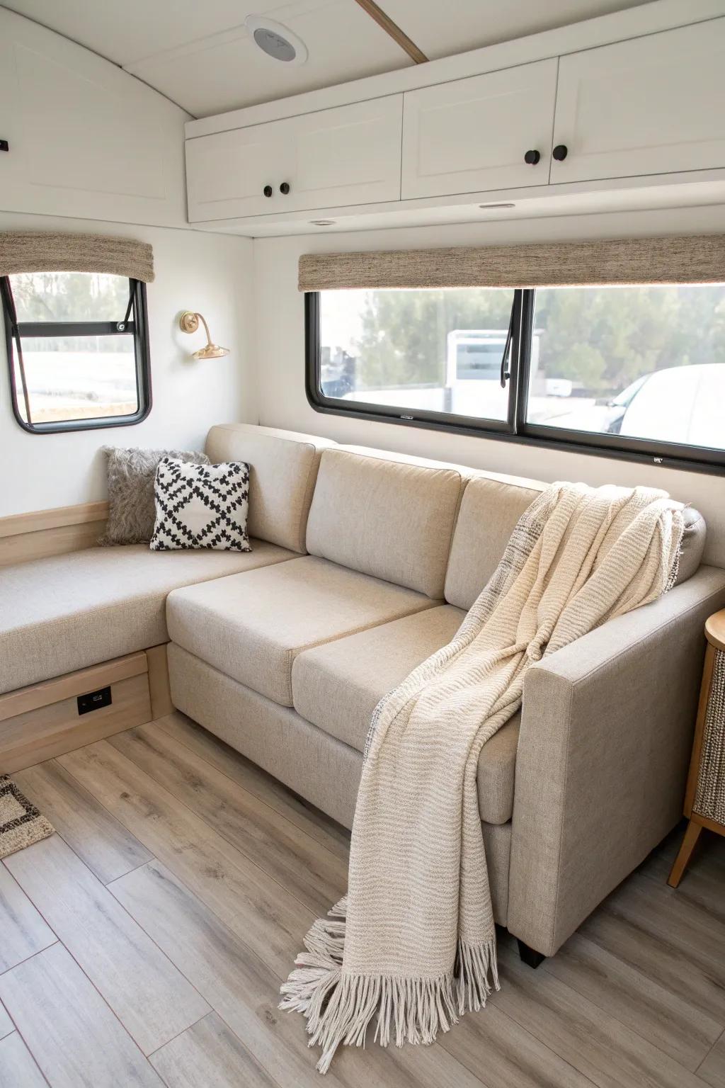 Mini L-shaped sectional for RV slide-outs—big lounge vibes without extra chairs.