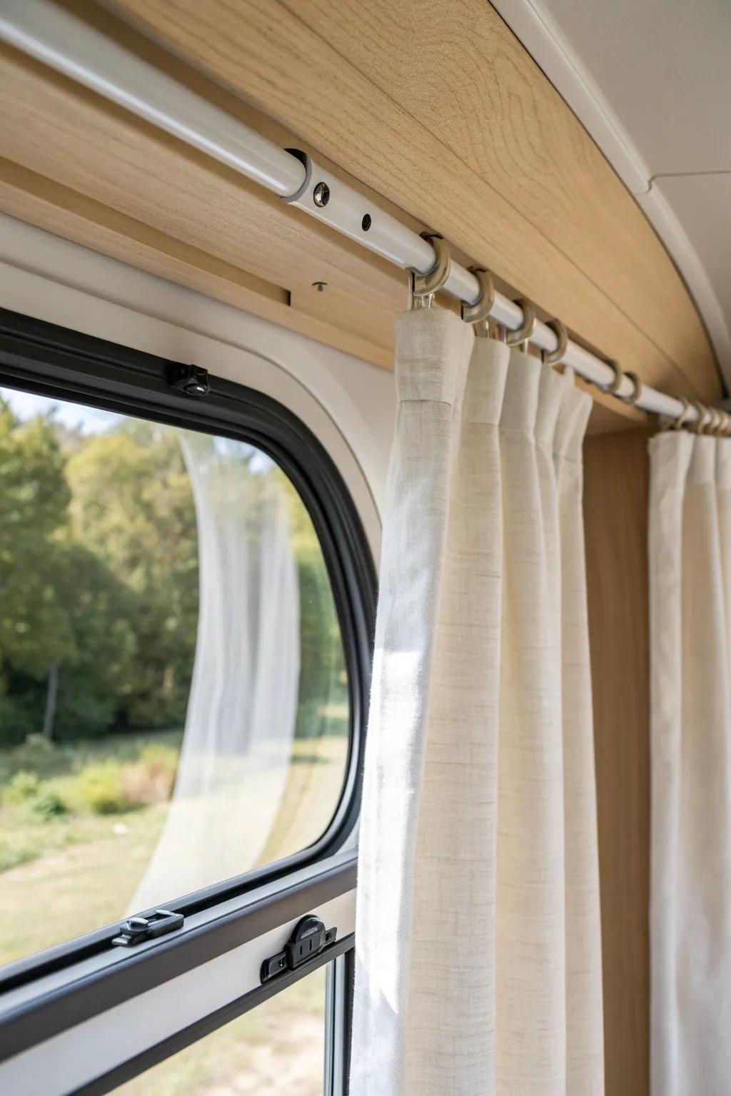 A flexible curtain track that curves with rounded RV windows—clean, custom look for less.
