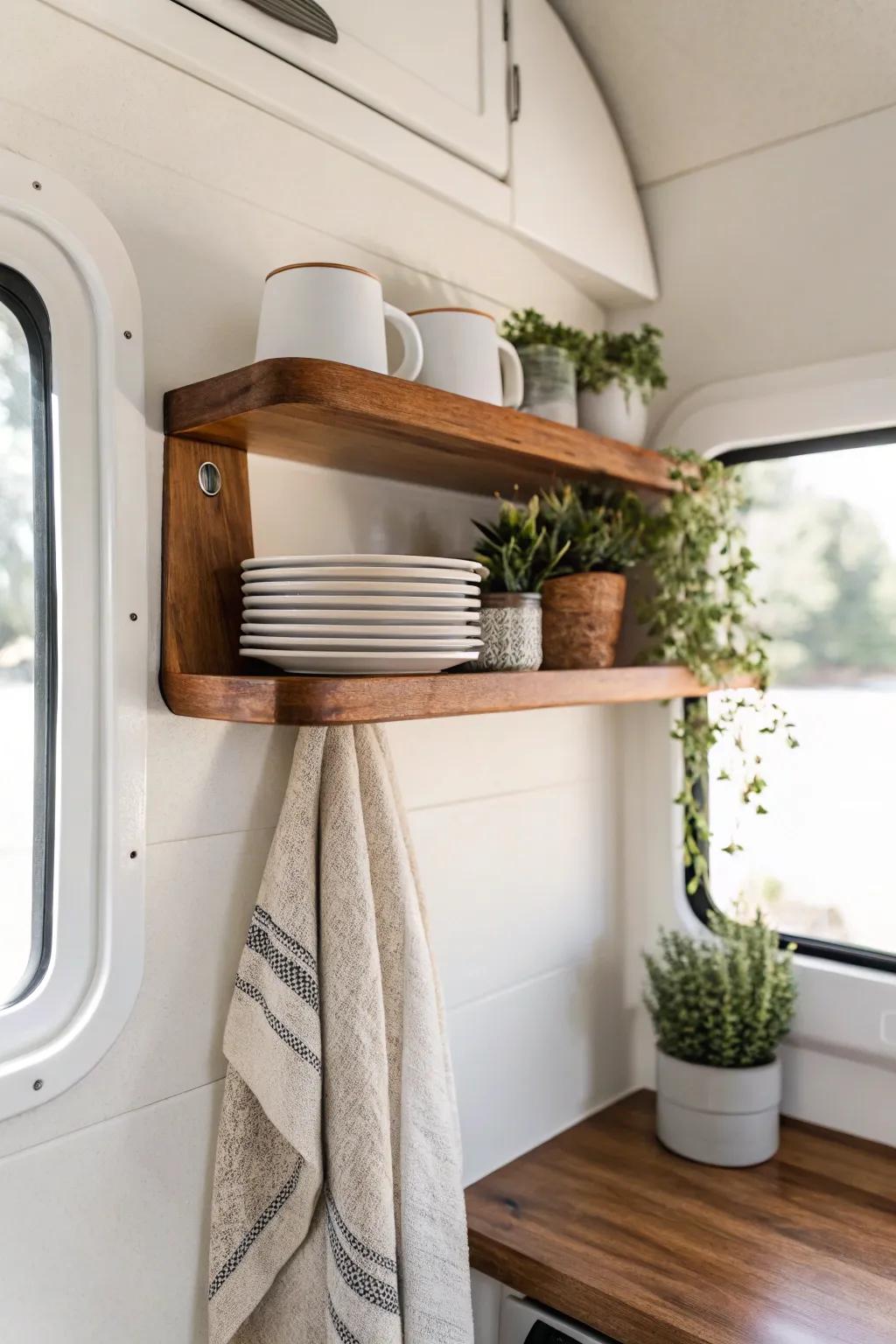 Open shelves, less clutter—warm wood, white ceramics, and one sprig of green in your RV.